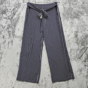NEW Lydelle Pants Womens L Blue White Striped Tie Waist Side Zip Wide Leg Flowy